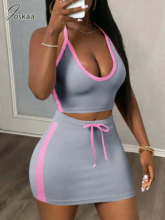 Joskaa 2025 Women's Color Block Sporty Two Piece Set Casual Halter Low-Neck Backless Camisole+Drawstring Skirts Match Tracksuits