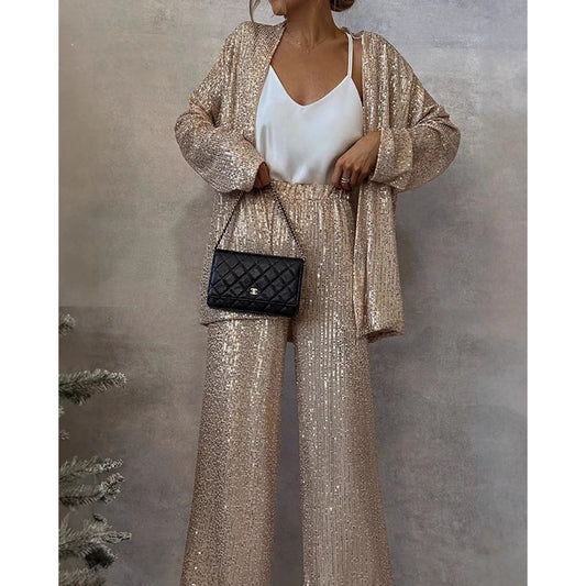 All Over Sequins Long Sleeve Coat Top & Wide Leg Pants Set For Women Korean Style Femme Tow Pieces Set Elegant Wear