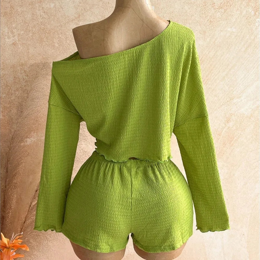 Slanted Shoulder Knit Two Piece Shorts Set for Women