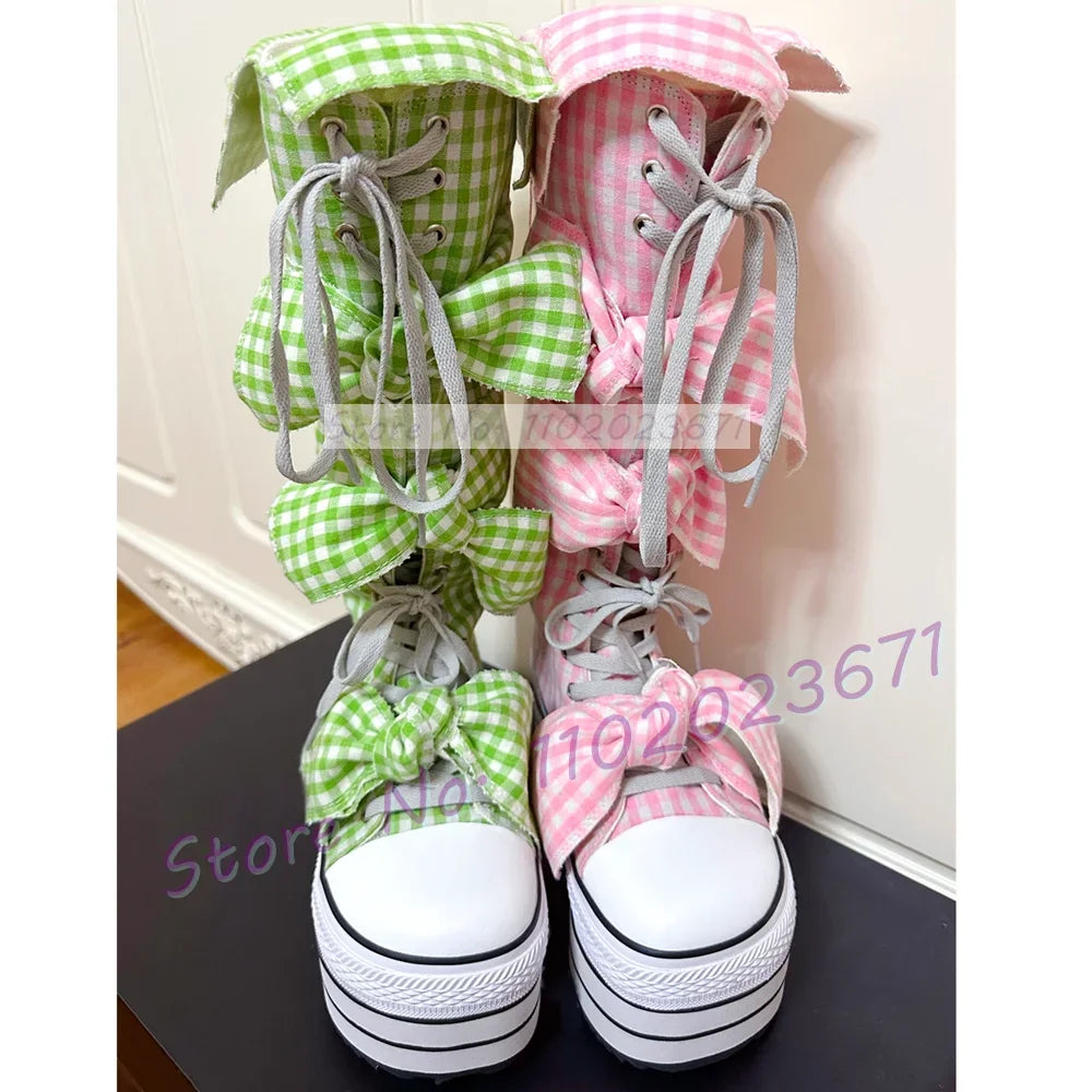 Bowknots Thick-sole Long Canvas Shoes Women Trendy Round Toe Cool Plaid Shoes Girl's Lolita Sweet Lace-up Platform Tall Boots