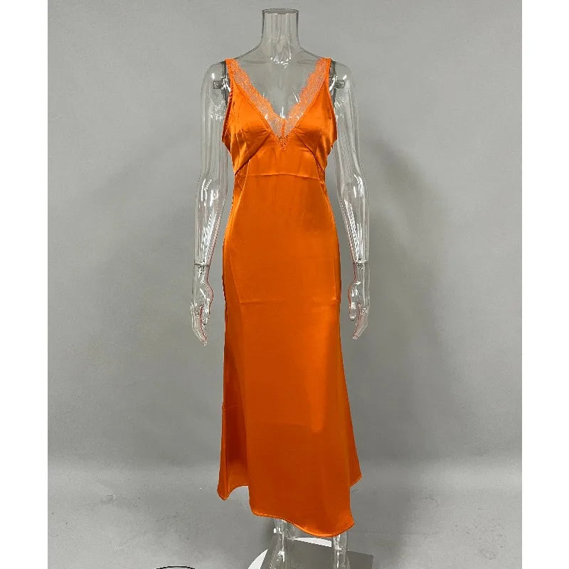 Lace Trim V-Neck Sleeveless Ankle Length Maxi Dress for Women