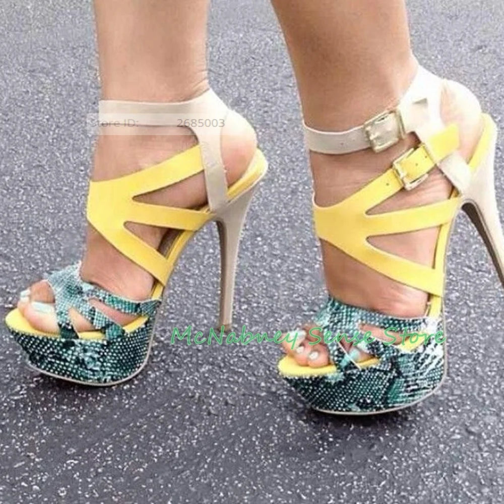 Snakeskin Color Block Peep Toe Platform High Heel Sandals for Women