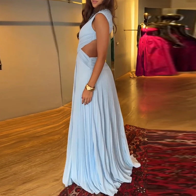Elegant Backless Cross Pleated Maxi Dress for Women