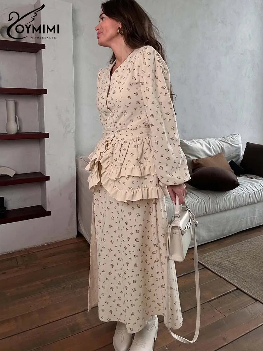 Oymimi Casual Apricot Print 2 Pieces Set For Woman Elegant Long Sleeve Button Ruffled Shirts And High Waist Side Slit Skirts Set