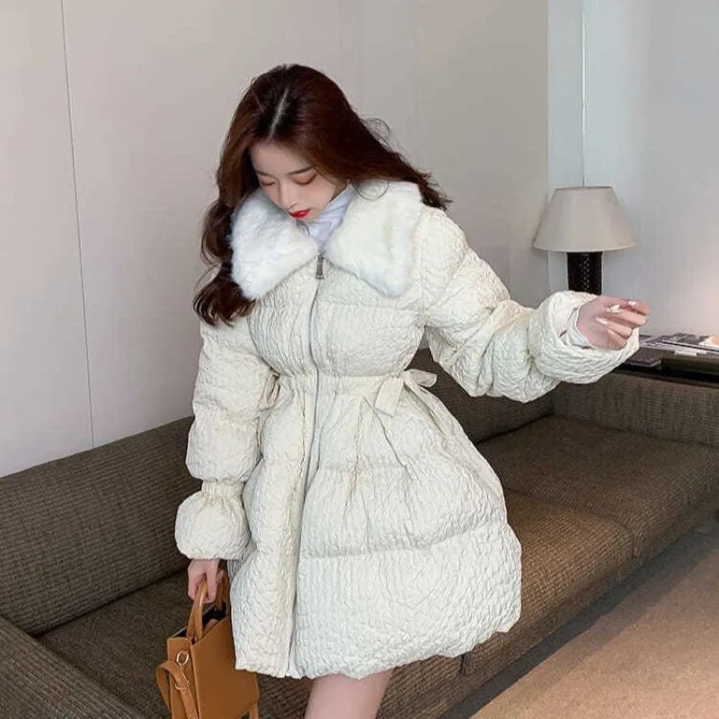 Women Cotton Padded Jacket Coat Female Winter Student Clothing Big Fur Collar Fashionable Medium To Long Parkas