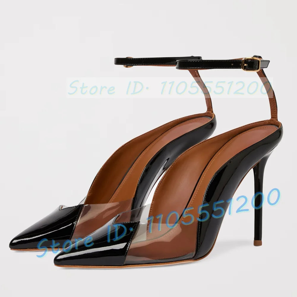 Burgundy Leather Clear PVC Stiletto Sandals for Women