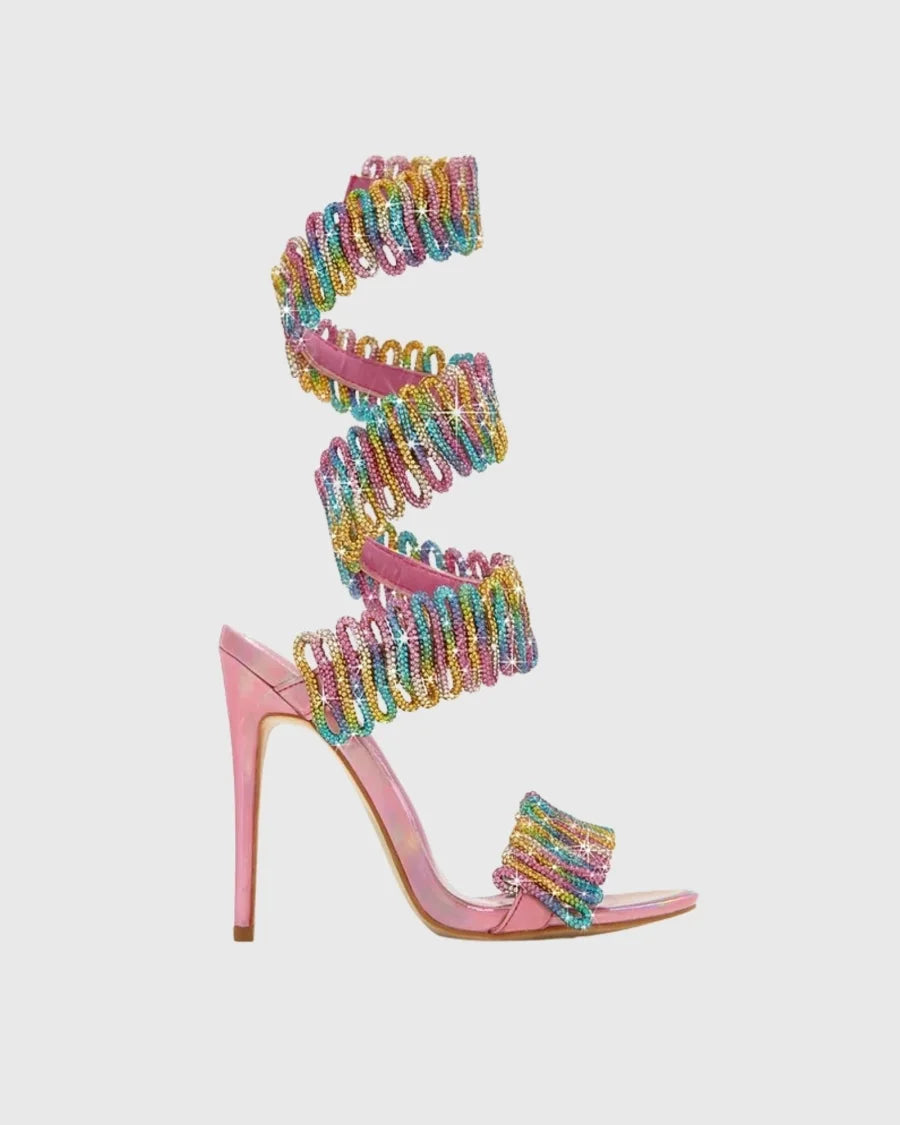 Rhinestone Snake Wrap Around Ankle Open Toe High Heel Sandals for Women