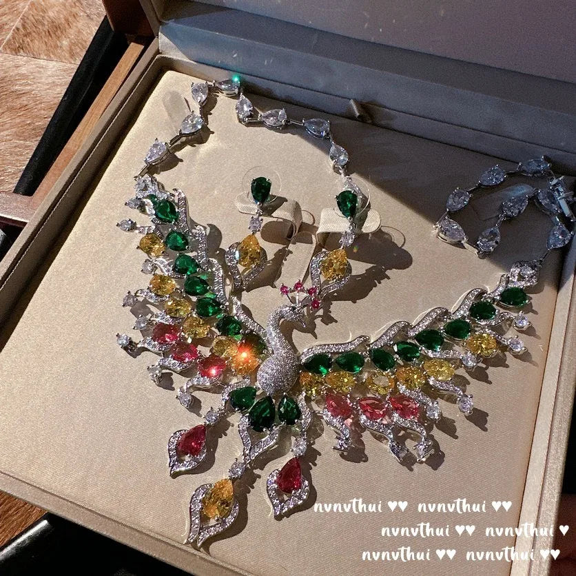 Sparkling Peacock Zircon Necklace and Earring Set for Women