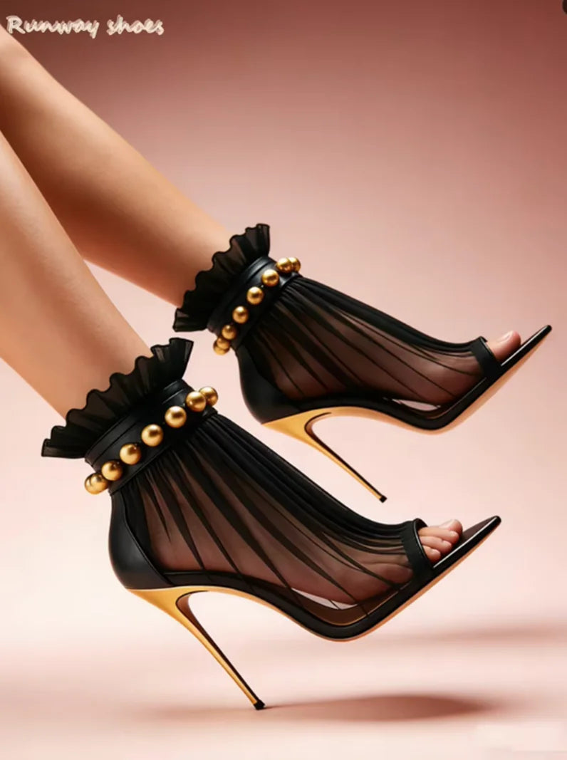 Pointed Toe Mesh Red Color Blocked High Heels for Women