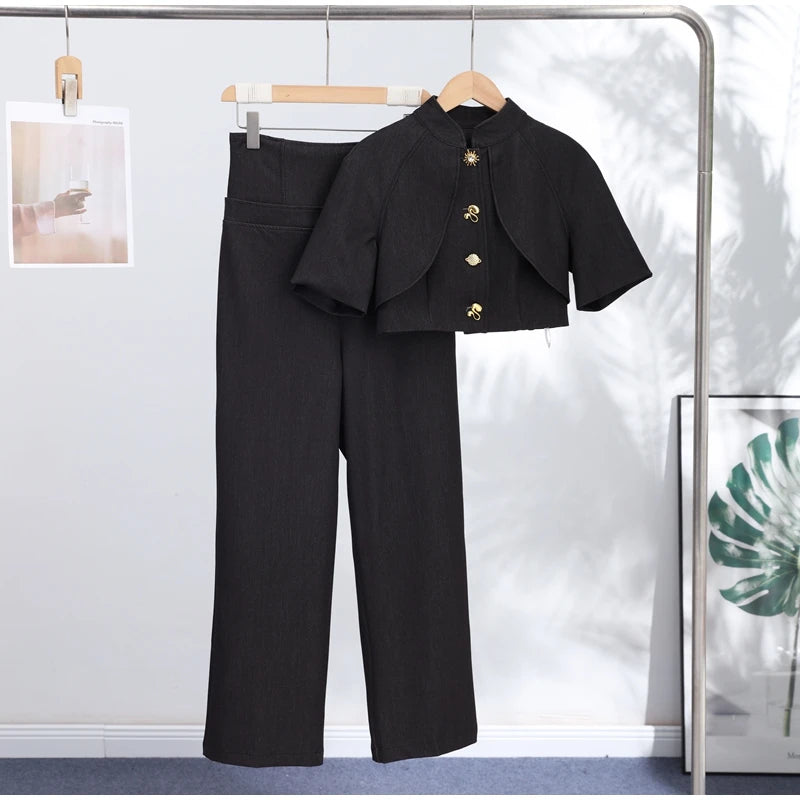 Single Button Denim Jacket With Wide Leg Pants For Women