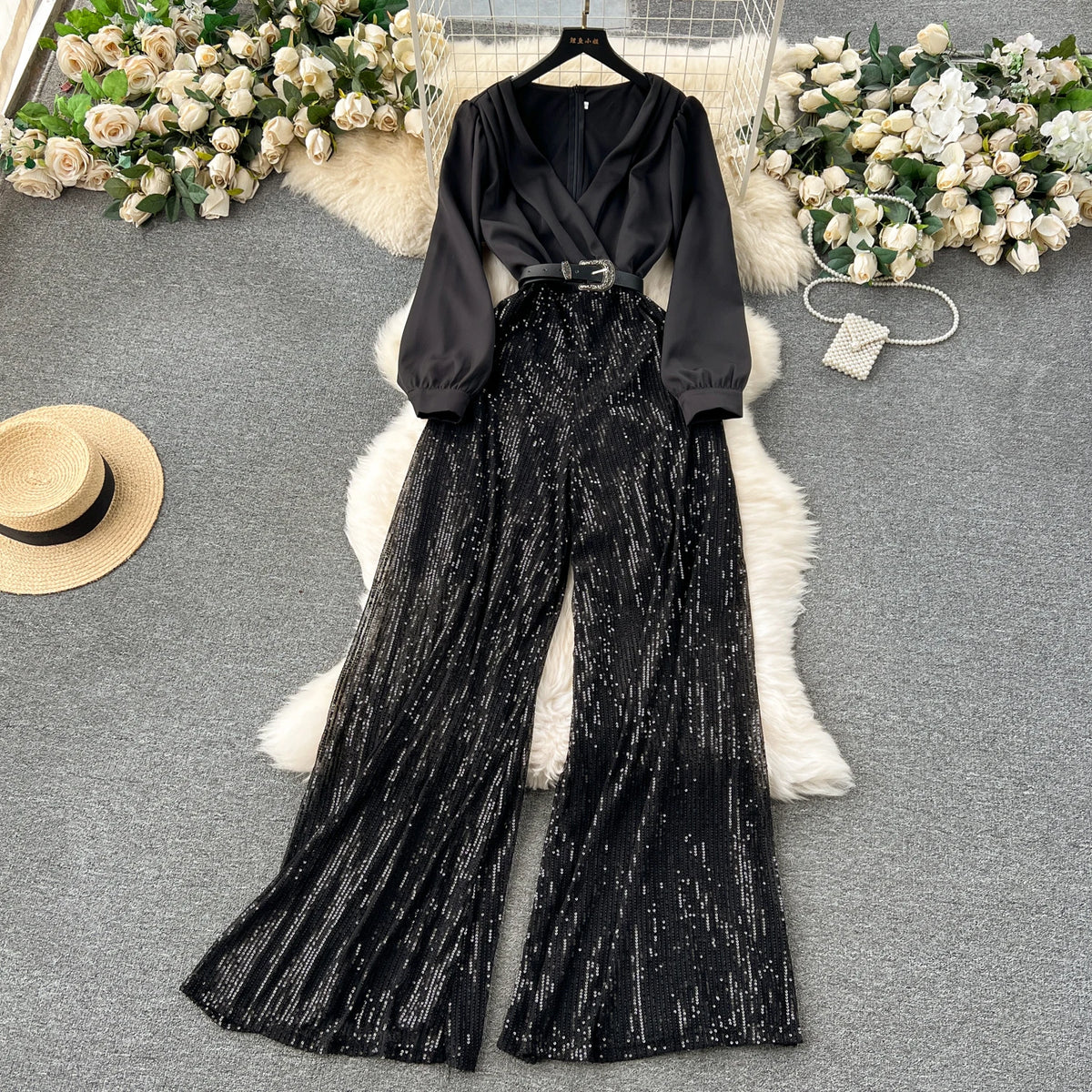 Sequined Patchwork V Neck Wide Leg Jumpsuit for Women