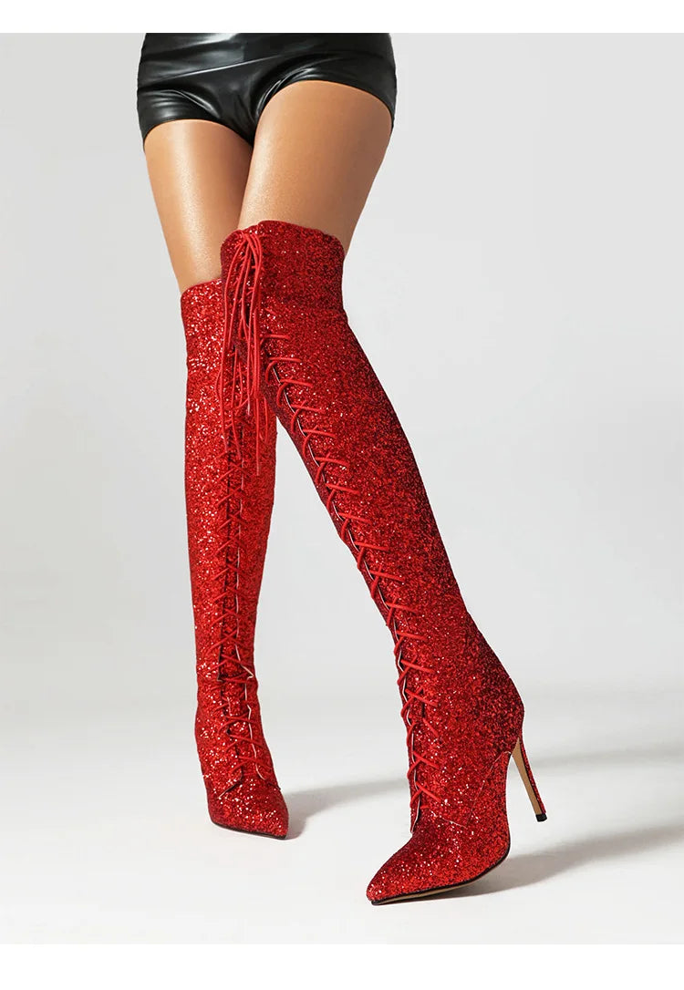 Shiny Sequined Over The Knee High Heel Boots for Women