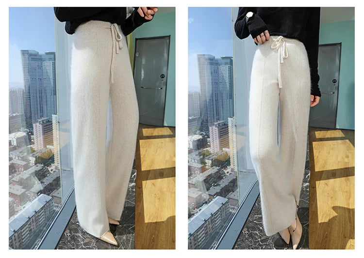 Elastic Waist Wide-Leg Knitted Cashmere Trousers for Women