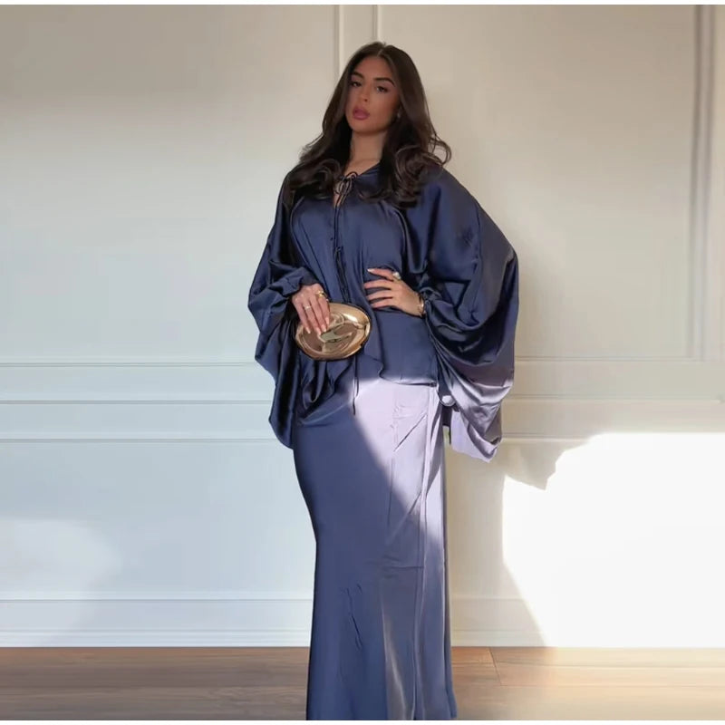 Casual Solid Batwing Sleeve Shirt Skirt Set for Women