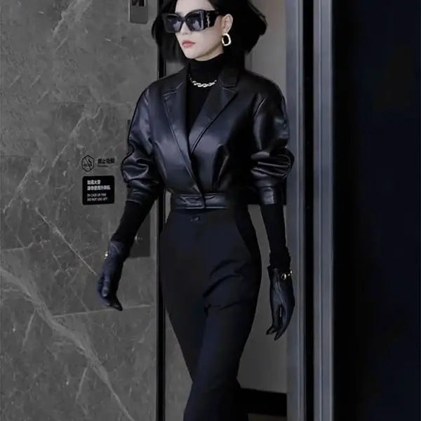 Trendy Faux Leather Blazer And Flared Pants Set For Women
