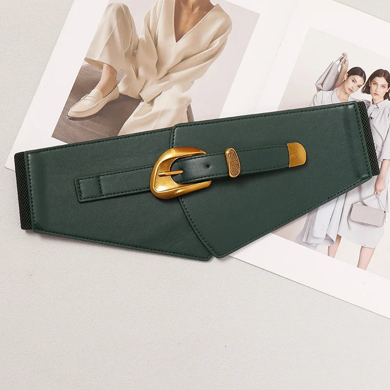 Vintage Black Faux Leather Wide Waist Belt for Women