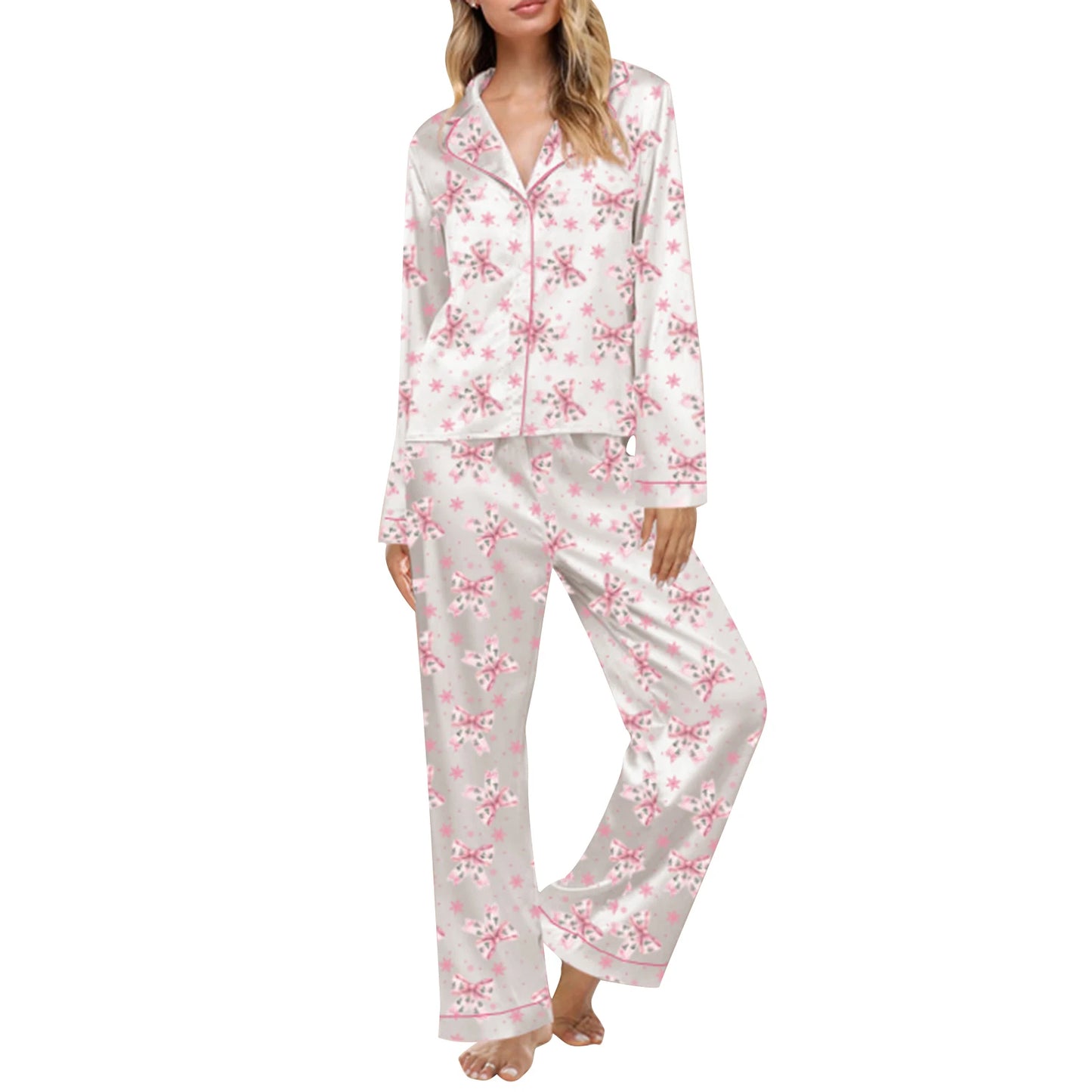 Women'S Autumn  Winter Clothing Christmas Elements Cute Bow Print Long Sleeved Shirt  Elastic Pants 2PCS Street Wear Home Wear