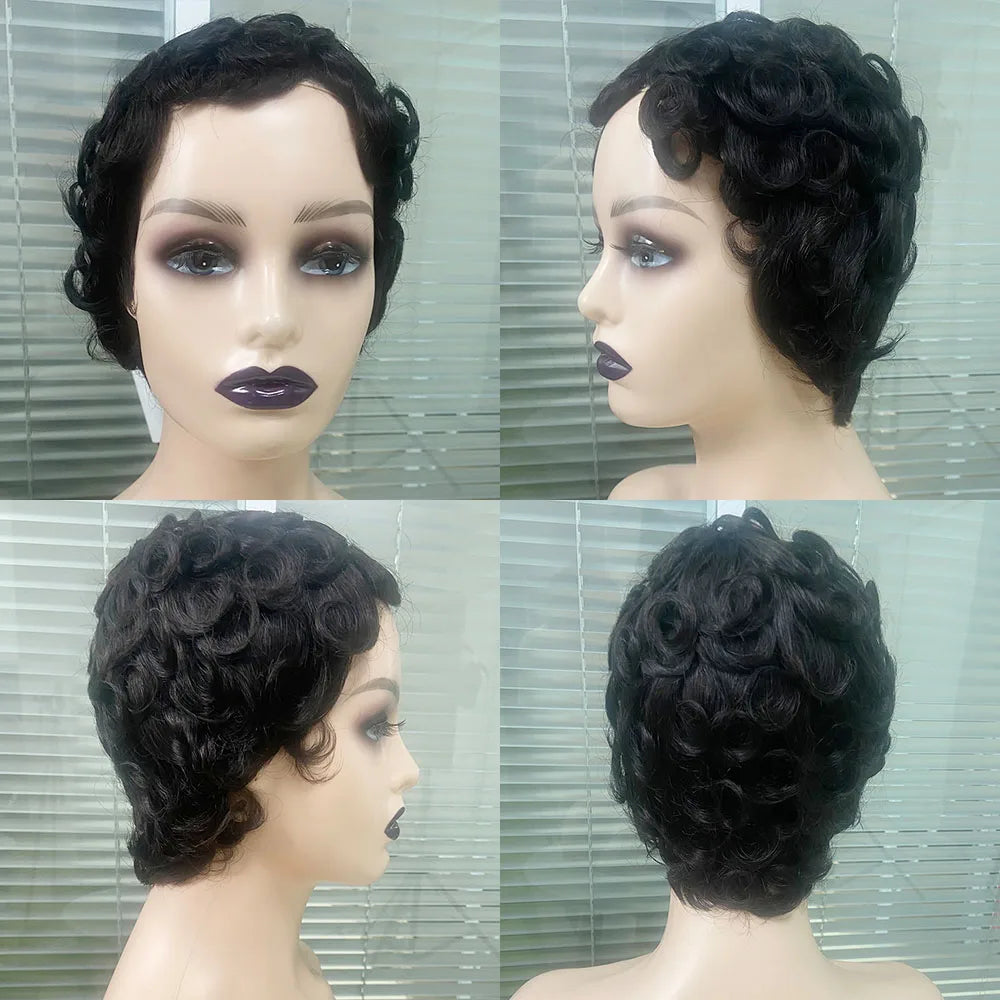 Short Curly Layered Pixie Cut Human Hair Wig for Women