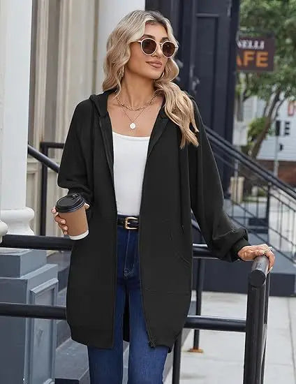 Solid Color Long Sleeve Zippered Hoodies For Women