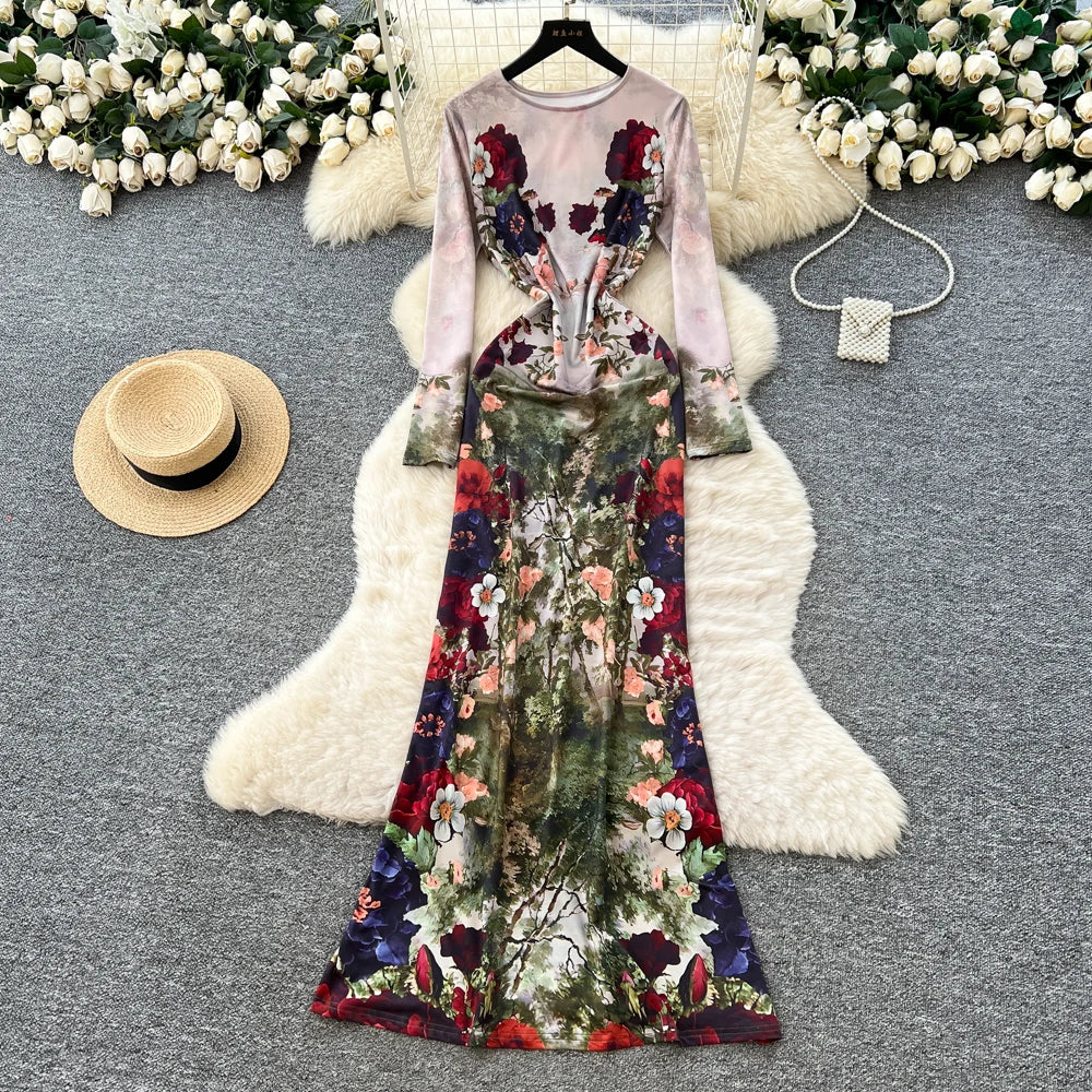 Vintage Floral Print Long Sleeve Maxi Dress for Women