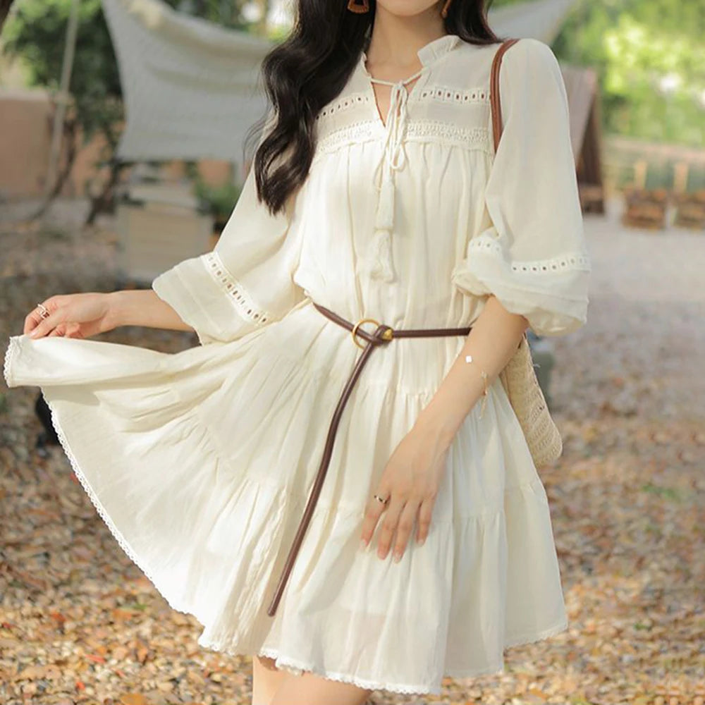 Vacation Style Boho Chic Lace Up Midi Dress for Women