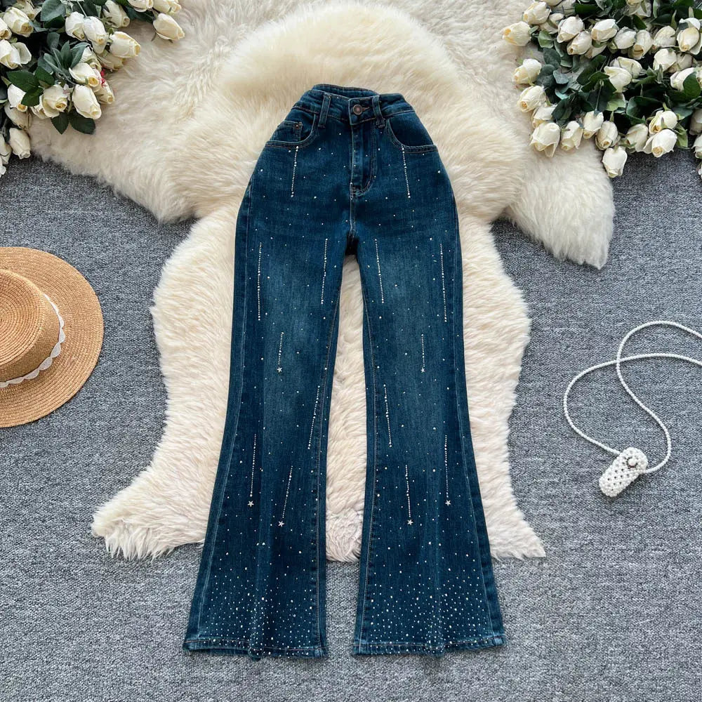 High-Waisted Rhinestone Embellished Flare Jeans for Women