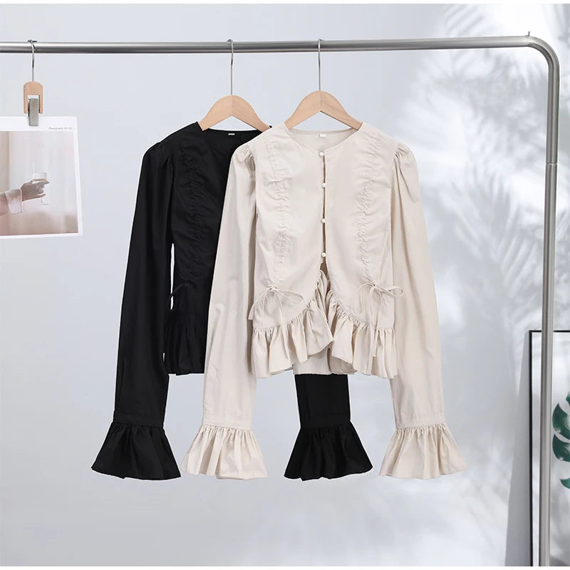 Chic Solid Ruffle Pleated Puff Sleeve Shirt for Women
