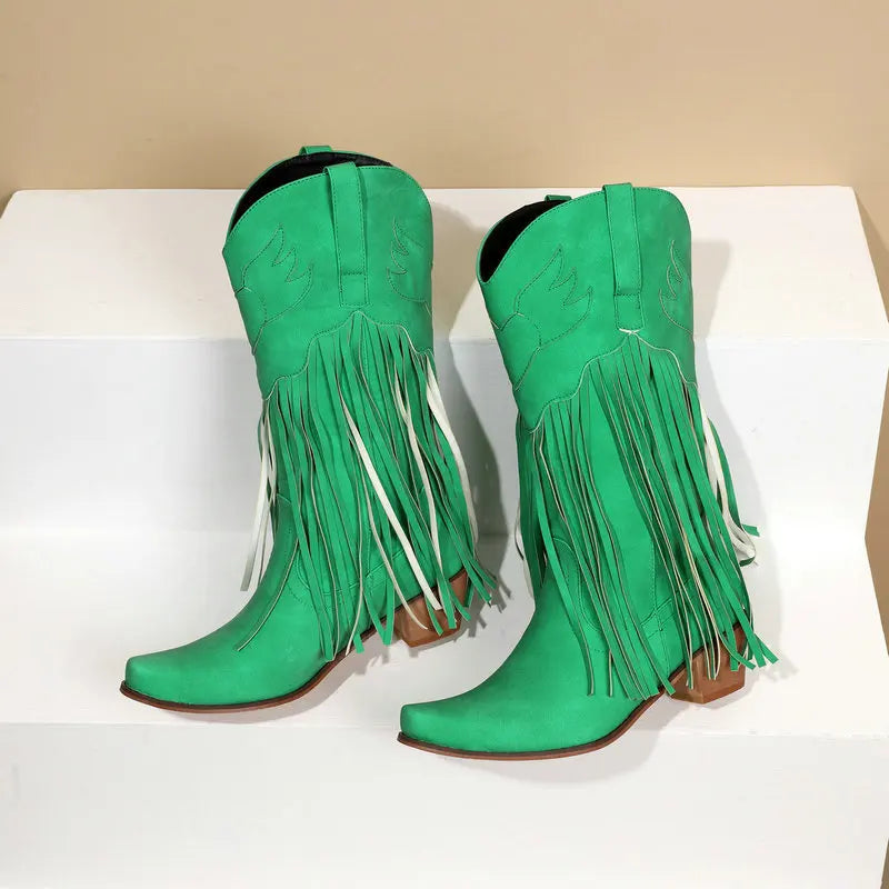Retro Western Style Mid Calf Boots With Block Heel Tassels For Women
