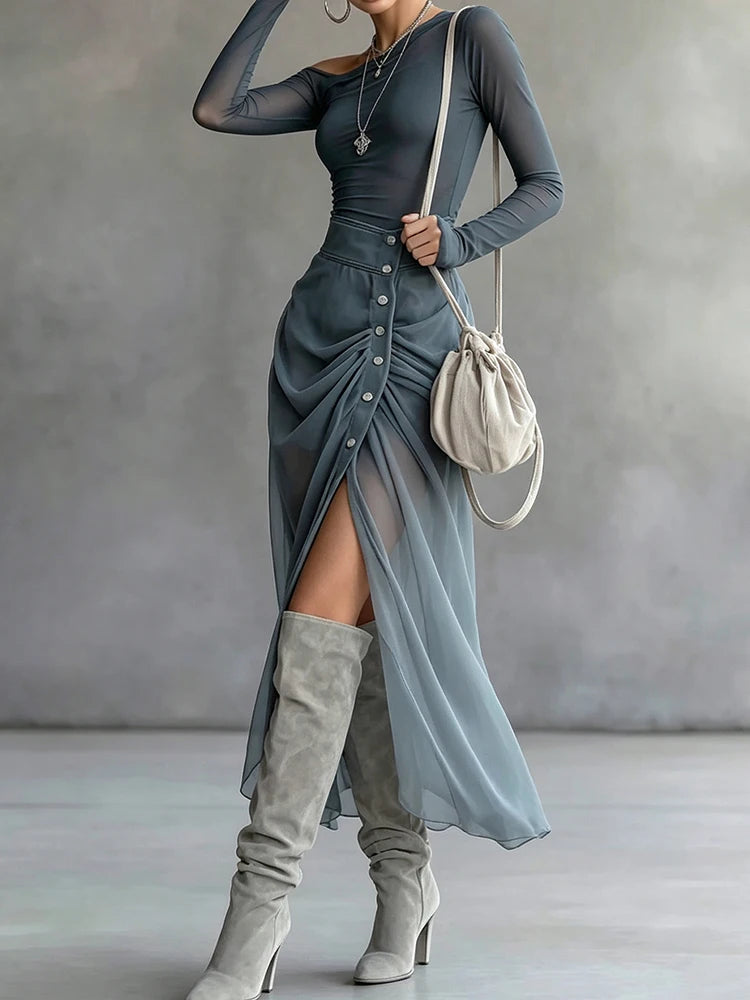 Patchwork Top And Maxi Skirt Two Piece Set for Women
