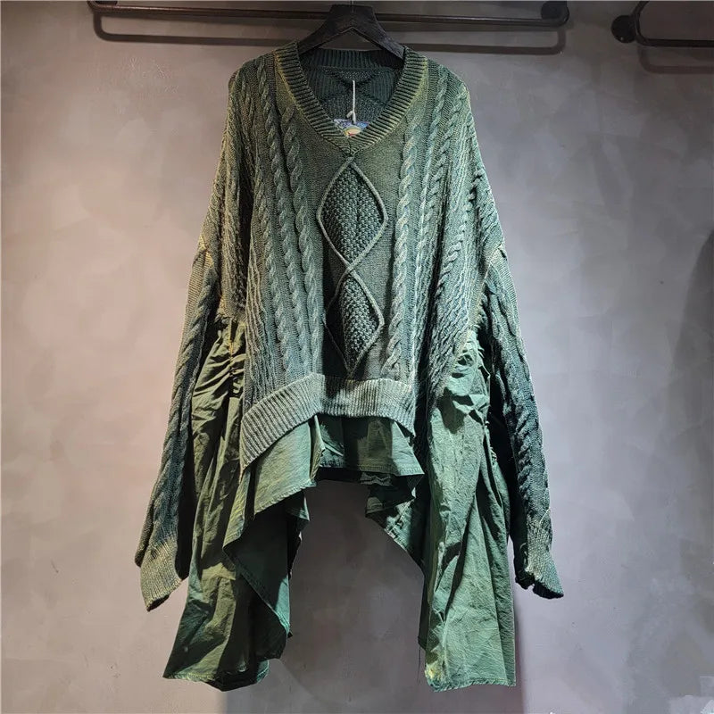 YEAE personalized old twist weaving splicing women's knitted sweater long-sleeved V-neck ruffle leaf edge autumn and spring new