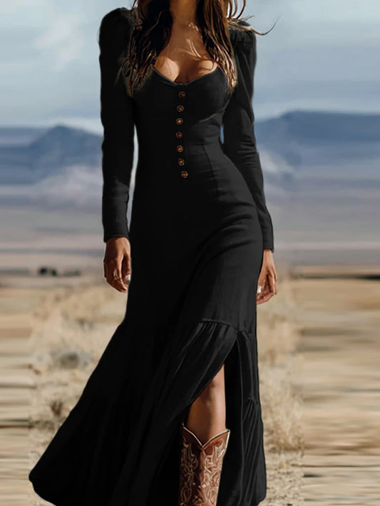 Retro Solid Color O Neck Chest Wrap Desert Dress Button Design High Waist Slim Robe Dress Autumn Fashion Long Sleeve Split Dress
