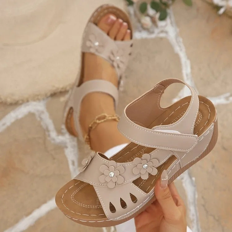 Modern Floral Buckle Wedge Sandals