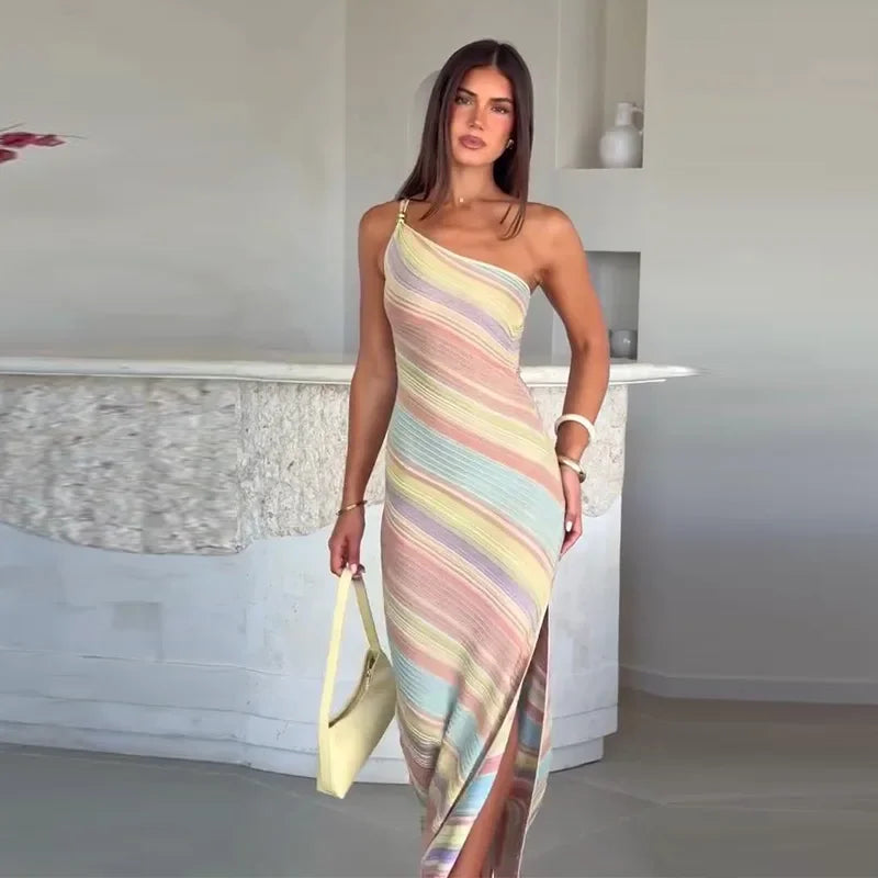 Elegant One Shoulder Printed Mid-Calf Dress for Women