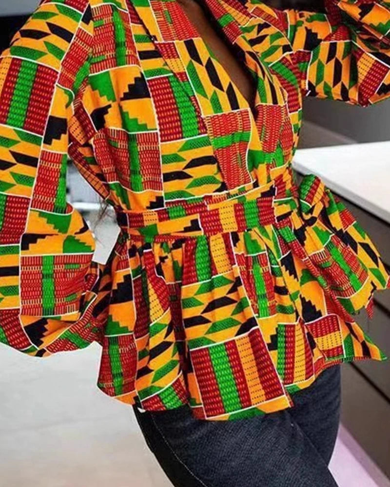 Clolorblock All Over Print Lantern Sleeve V neck Lace Up Blouse