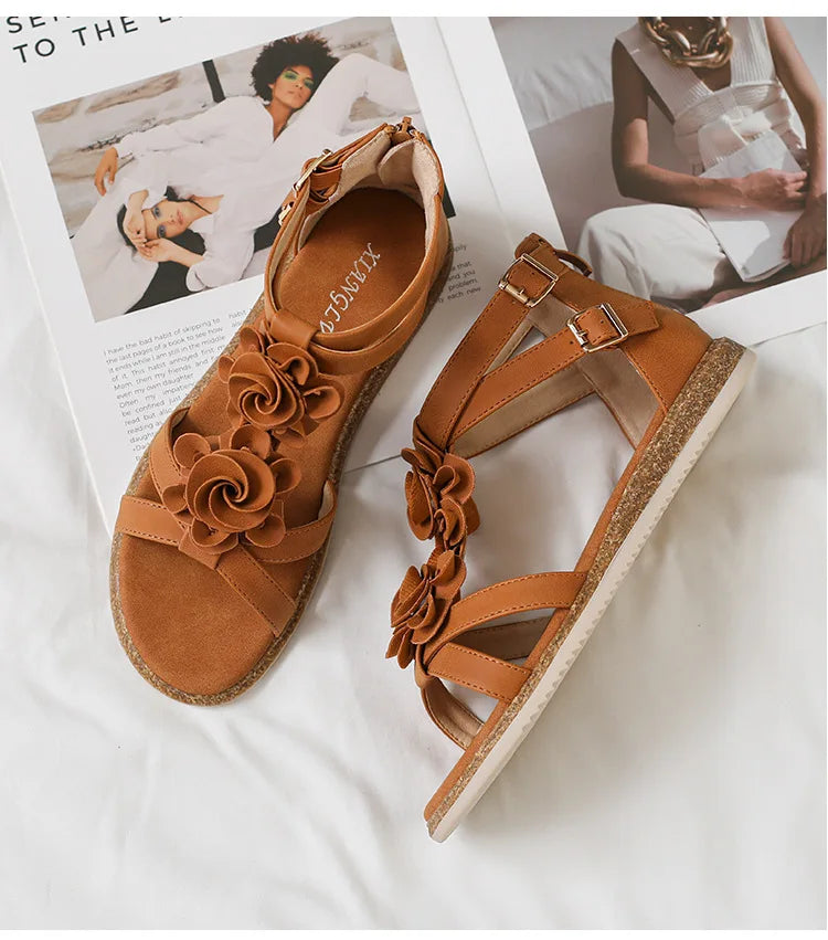 Strappy Bohemian Floral Printed Flat Sandals for Women