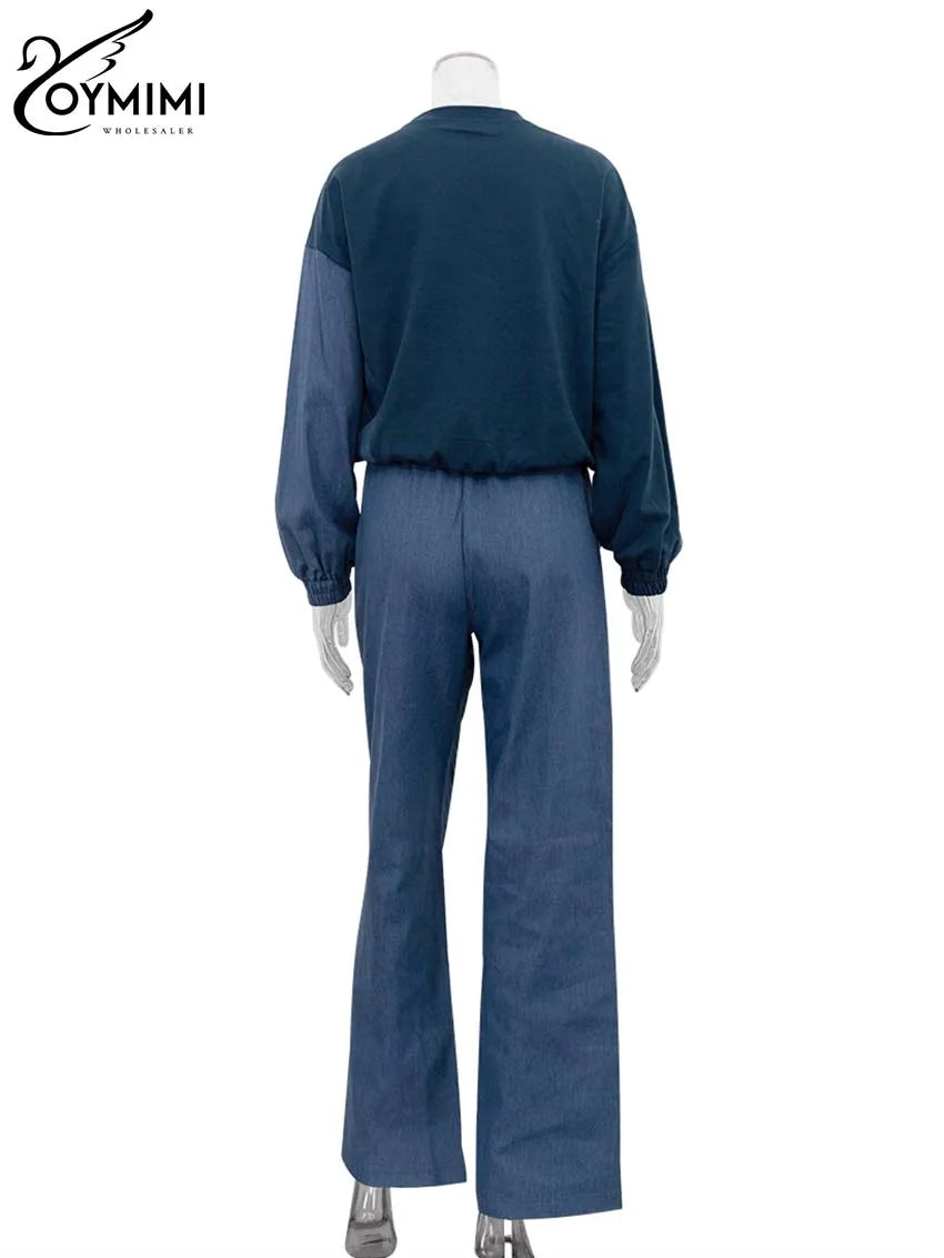 Oymimi Casual Blue Patchwork Sets For Women 2 Pieces O-Neck Long Sleeve Blouse And Drawstring Straight Sweatpants Set Streetwear