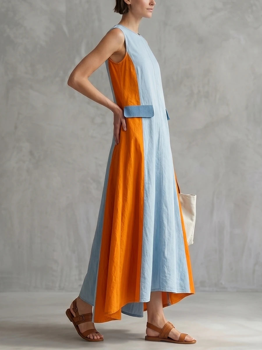 Blue Orange Color Block Round Neck Sleeveless Maxi Dress for Women