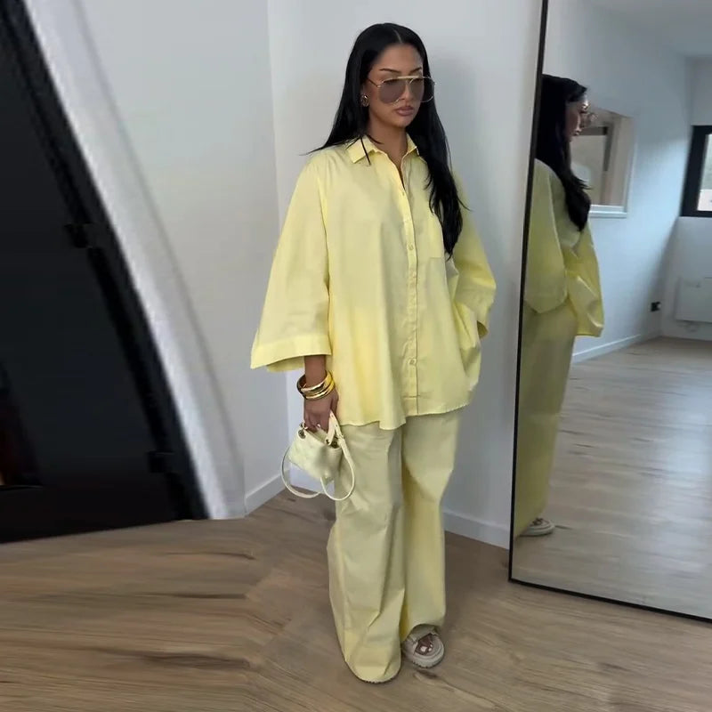 Casual Solid Shirt and Wide Leg Pants Set for Women