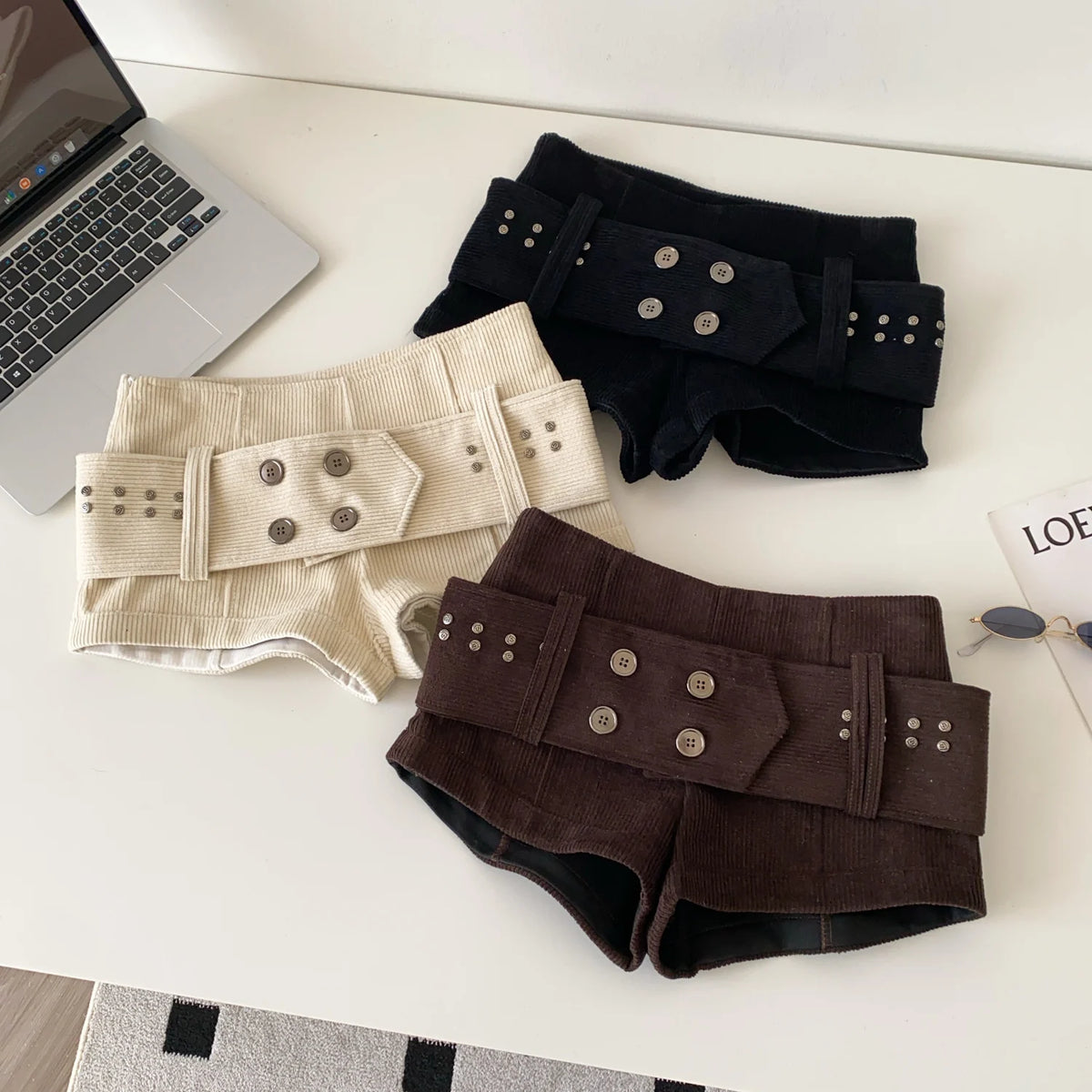 Retro Corduroy Button Detail Low Waist Shorts for Women