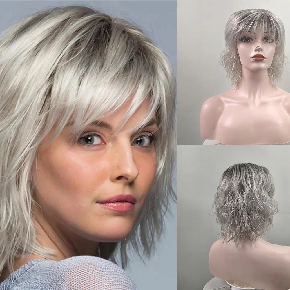 Lightweight Grey Short Curly Synthetic Wig For Women