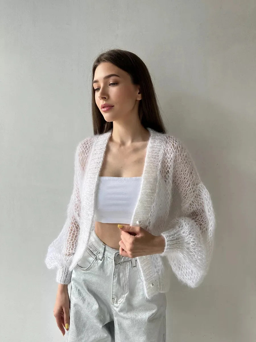 Loose Fit Open Knit V Neck Cardigan Sweater for Women