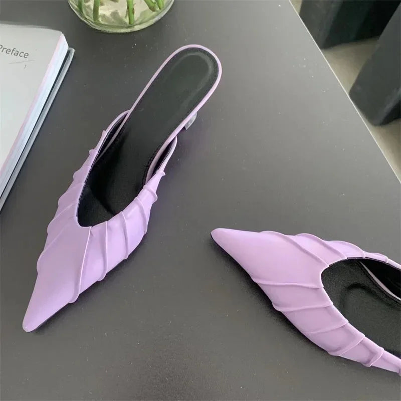 Casual Pleated Thin Heel Cushioned Slides for Women