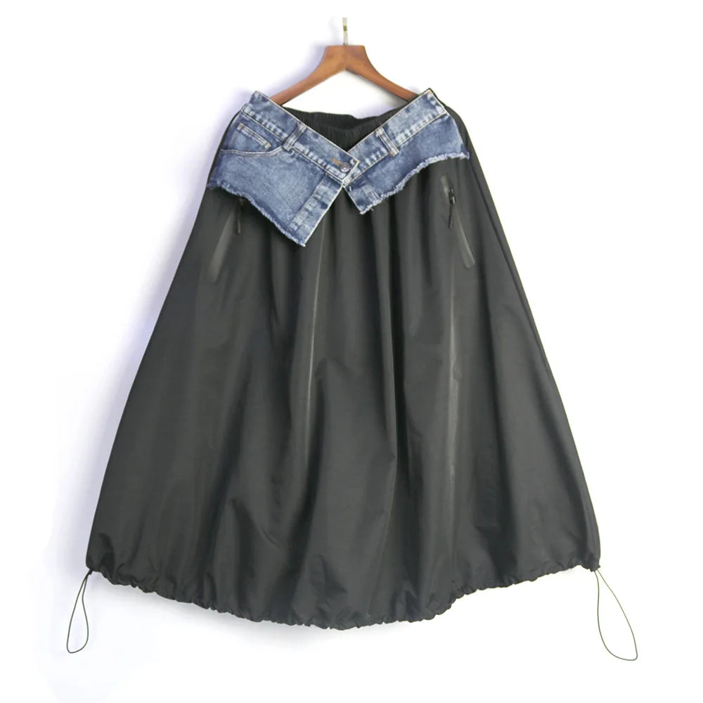 Casual Ankle-Length Spliced Denim with Contrast Color Skirt for Women