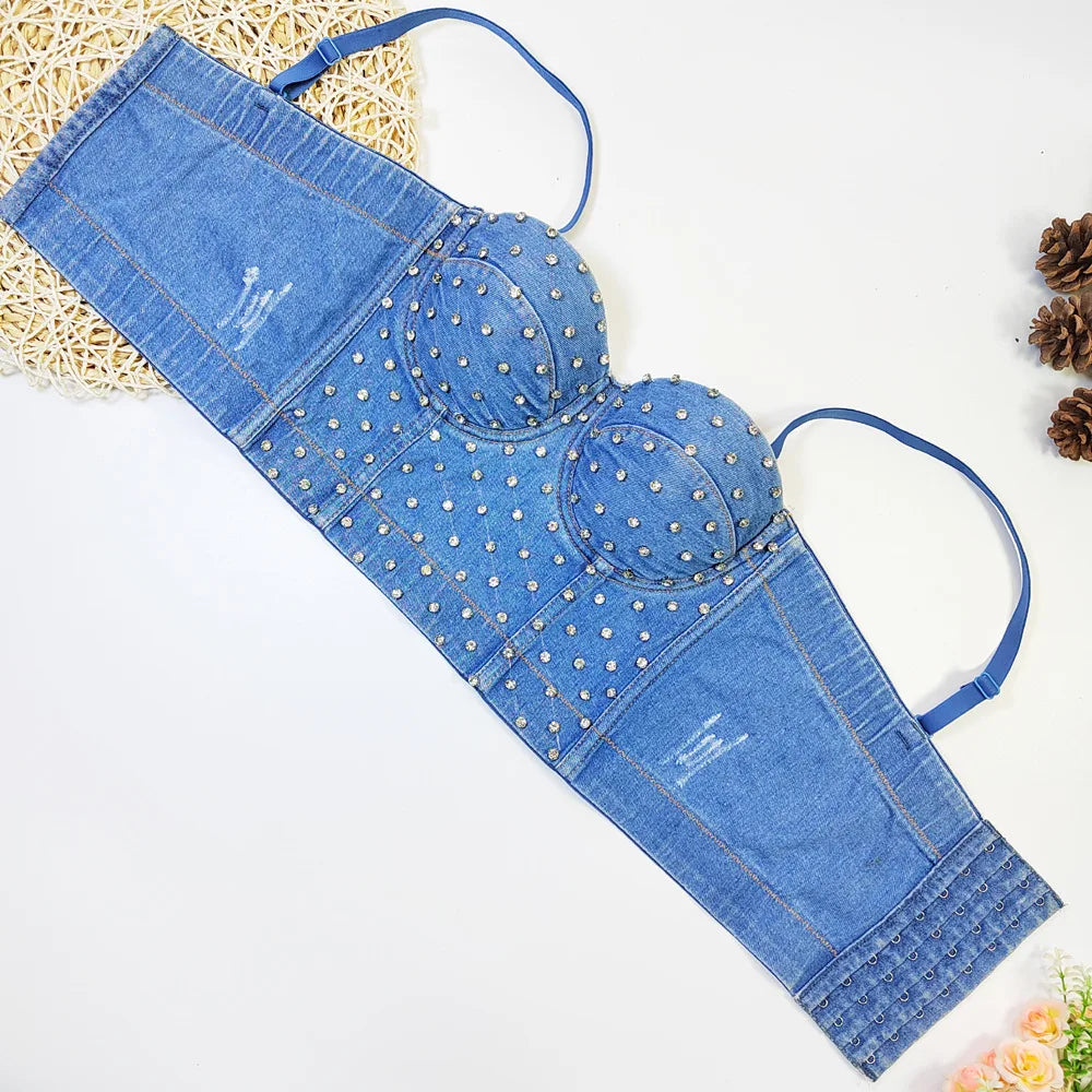 Denim Rhinestone Beaded Spaghetti Strap Bustier for Women