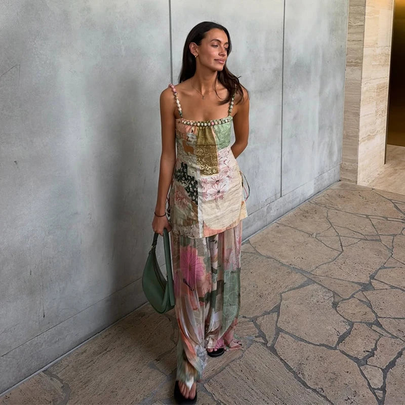 Long Printed Patchwork A-line Beaded Sleeveless Backless Dress for Women