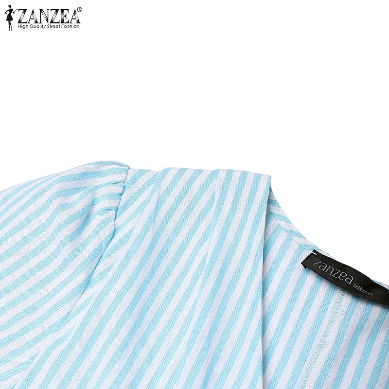 ZANZEA Women Elegant Striped Midi Dresses 2025 Summer Fashion V-Neck Short Puff Sleeve Fitted Waist A-Line Robes Femme Korean
