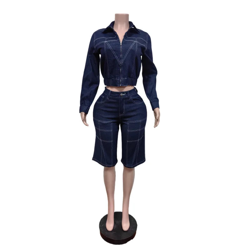 Casual Streetwear Denim Jacket and Shorts Set for Women