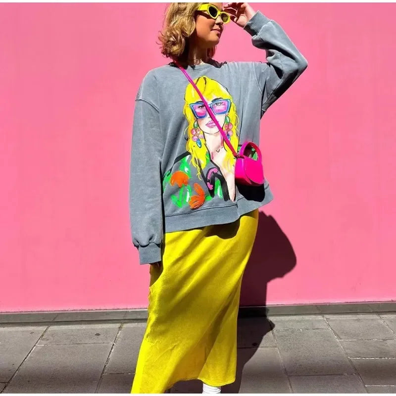 Loose Cartoon Graphic Long Sleeve Sweatshirt for Women