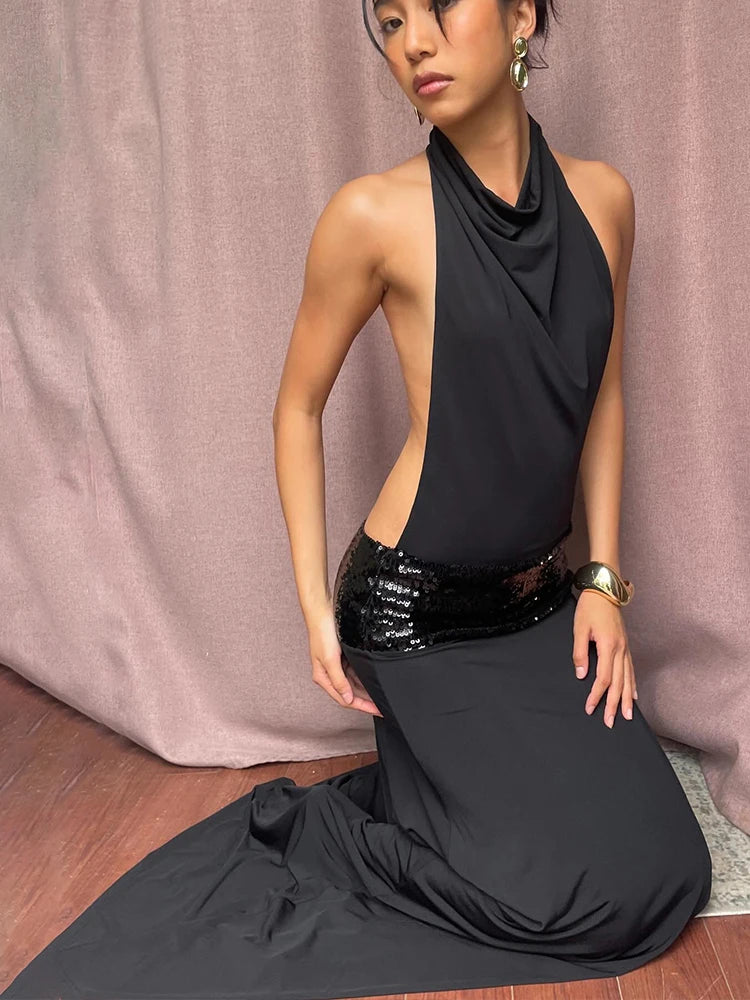 Sisterlinda Backless Fashion Dresses Elegant Halter Patchwork Draped Maxi Bodycon Female Solid Simple Evening Party Frock New