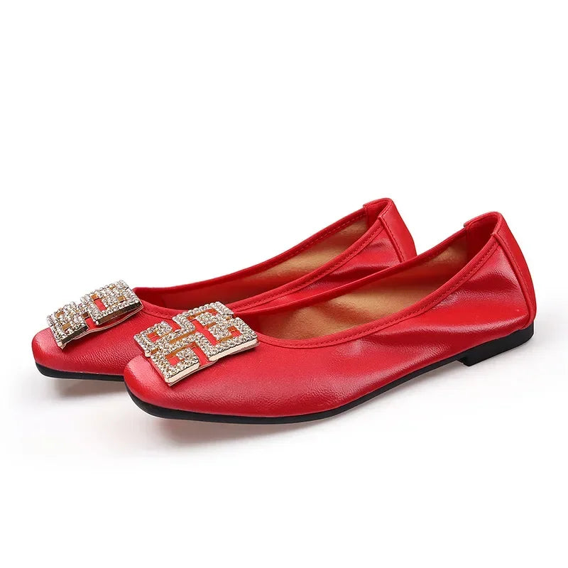 Rhinestone Buckle Square Toe Slip On Flats for Women